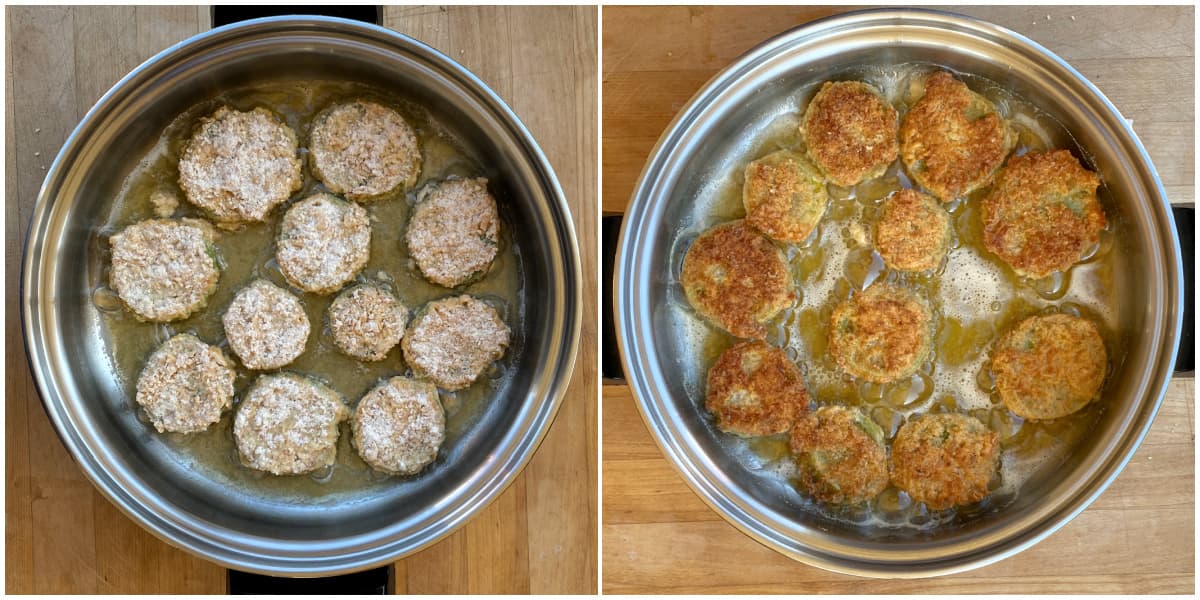 Collage: Breaded tomatoes frying in pan; side 1 and side 2.