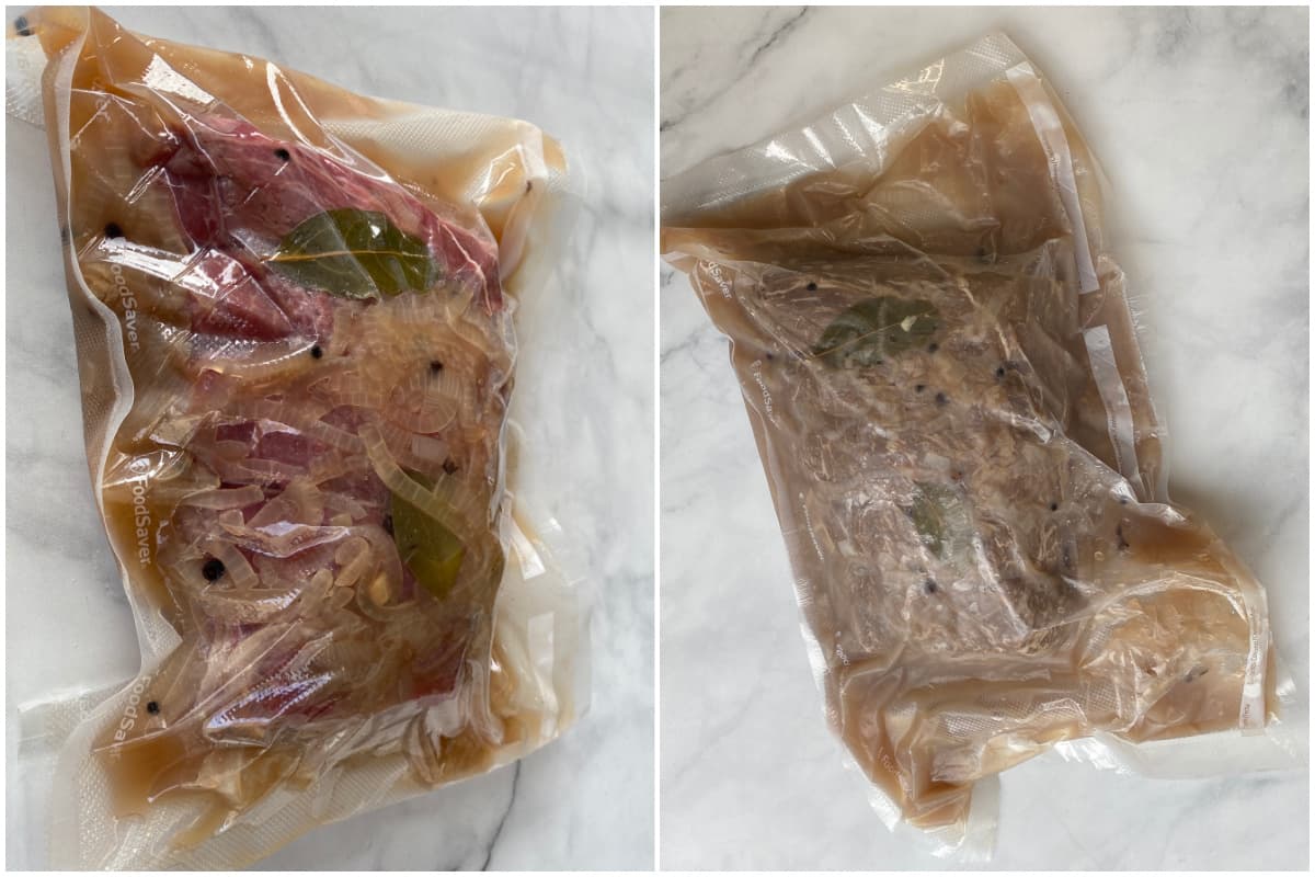 To marinate the roast, find a vessel that it fits in well, and pour the cooled marinade over the top. Ideally, the roast should be completely submerged in marinade. Alternately, use a vacuum-sealer to seal the roast and marinade together. (This is our preferred method of marinating anything.)