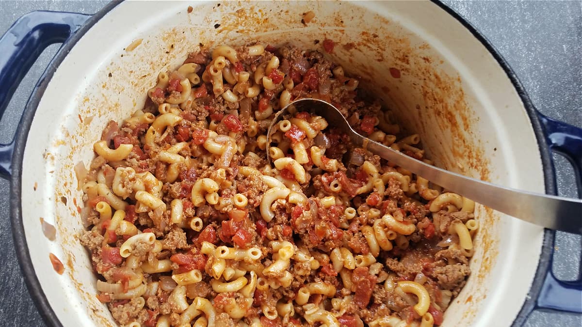 Chili Mac, cooked in a large Dutch oven. 