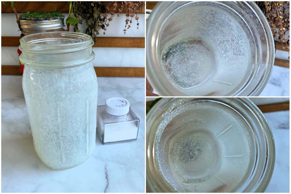 Collage illustrating how to add glitter to the inside of the jar after it has been painted. 