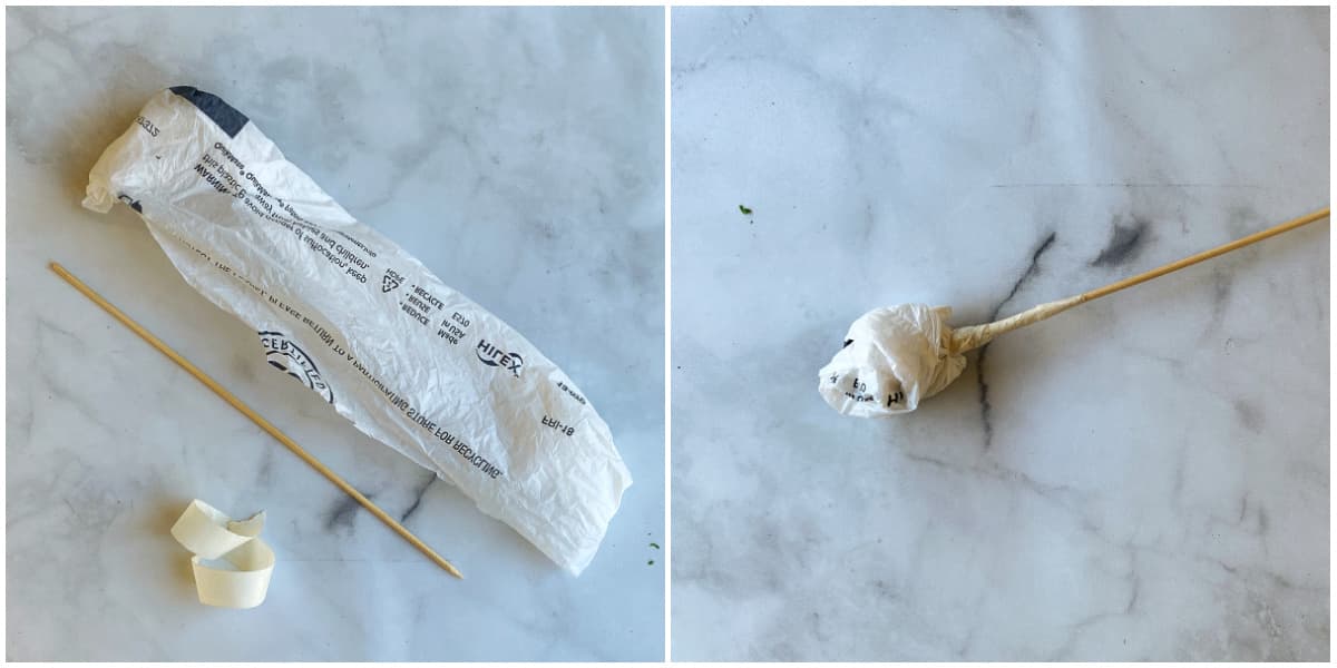 How to create an antiquing brush from a wooden skewer and a plastic grocery bag. 