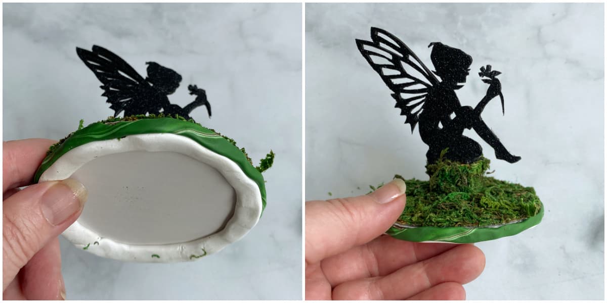 Applying polymer clay to the bottom of the fairy based for extra stability.