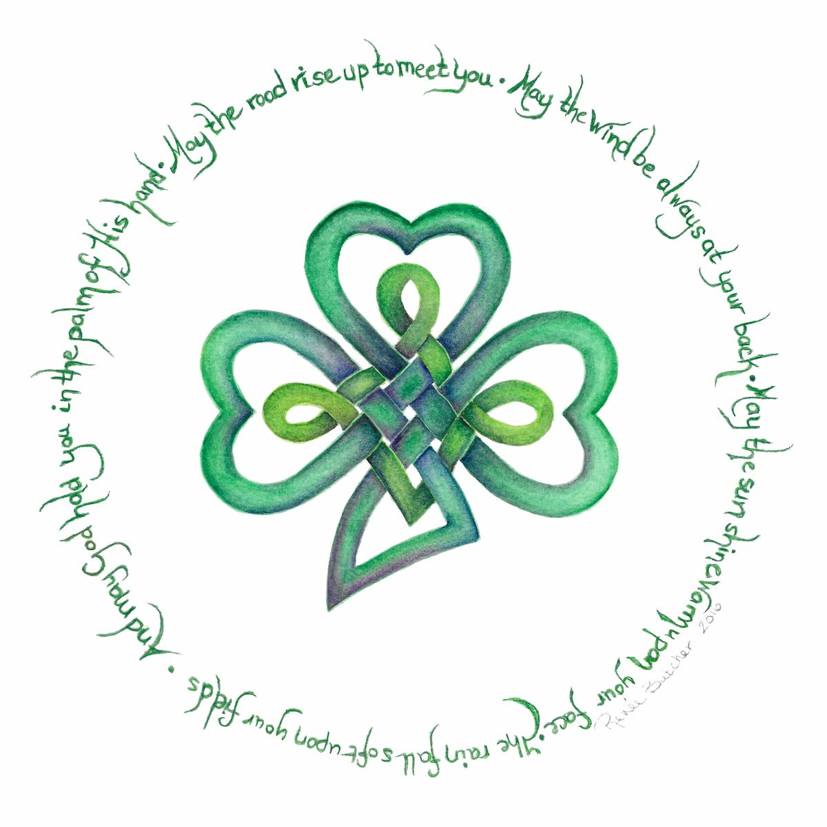 Watercolor Celtic shamrock knot painted in shades of green, encircled with the Irish Blessing. 