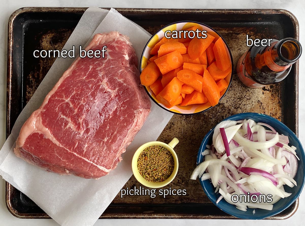 Ingredients for braising preparation set out on baking tray.