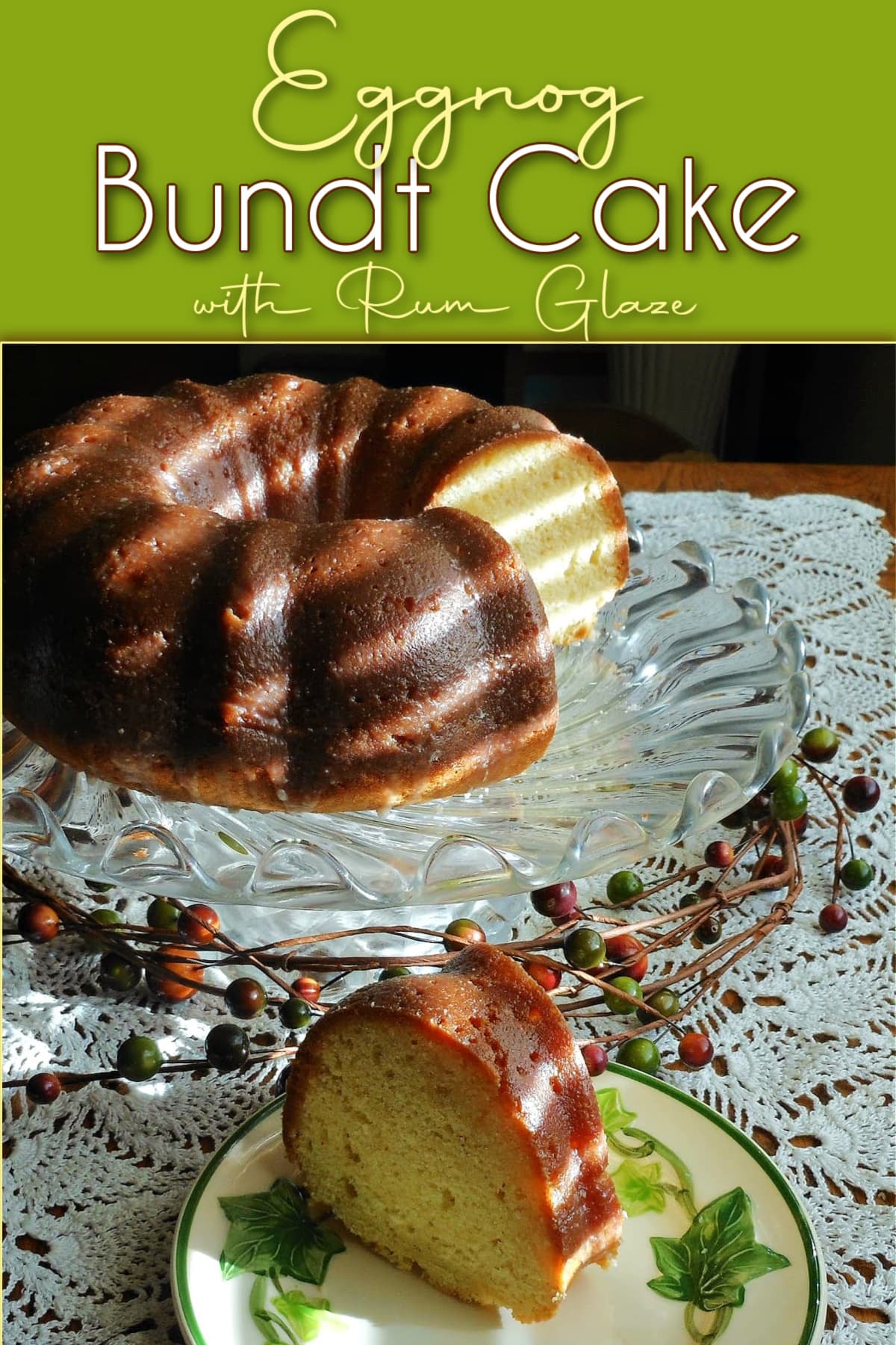 Bundt cake on cake platter, with one slice cut and on a dessert plate.