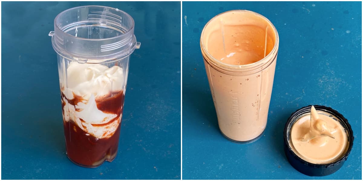 2-panel collage: unmixed dressing in a small blender cup, and mix dressing in same cup.
