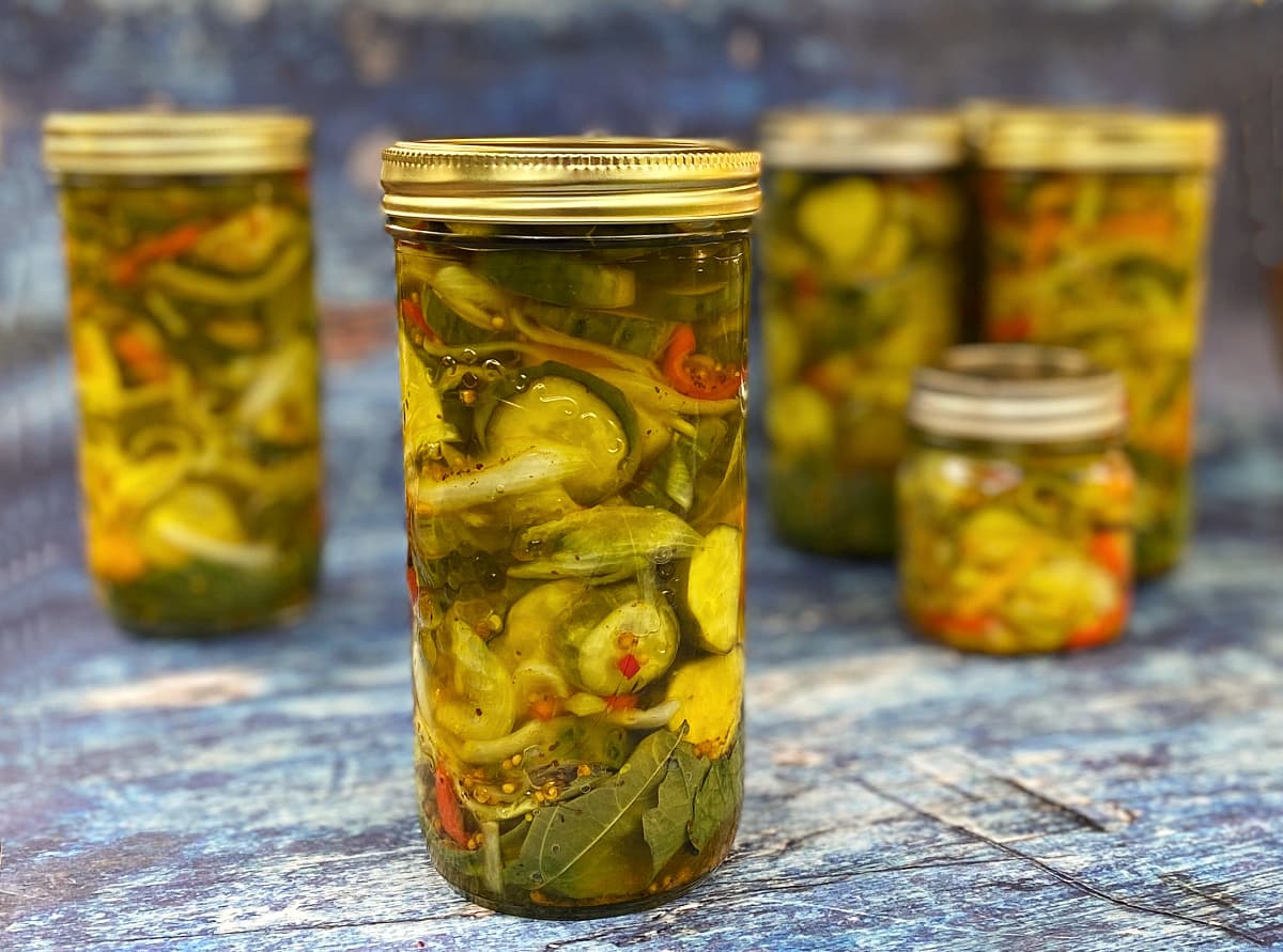 Bread & Butter Pickles in jars, after processing.