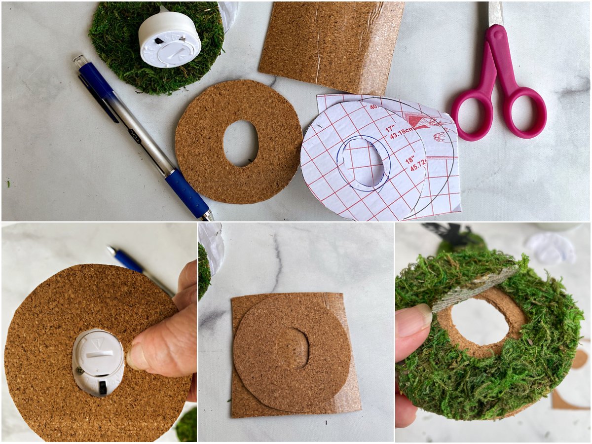 Collage illustrating steps for cutting the hole in cork circle and attaching to Mason jar ring.