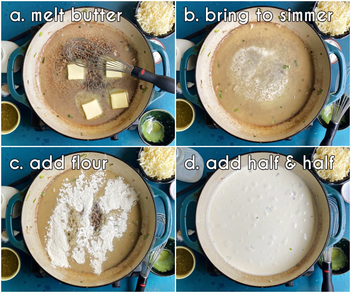 four steps for making white sauce: melt butter, bring to simmer, add flour, add half & half.