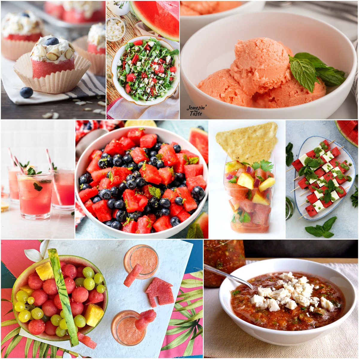 Collage of different watermelon recipes.