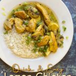 Prepared chicken pieces in lemon sauce, over white basmati rice. Garnished with green onions and sesame seeds. Pin text reads: Easy Kid-Approved 30-Minute Meal | Quick & Easy Lemon Chicken with Curry
