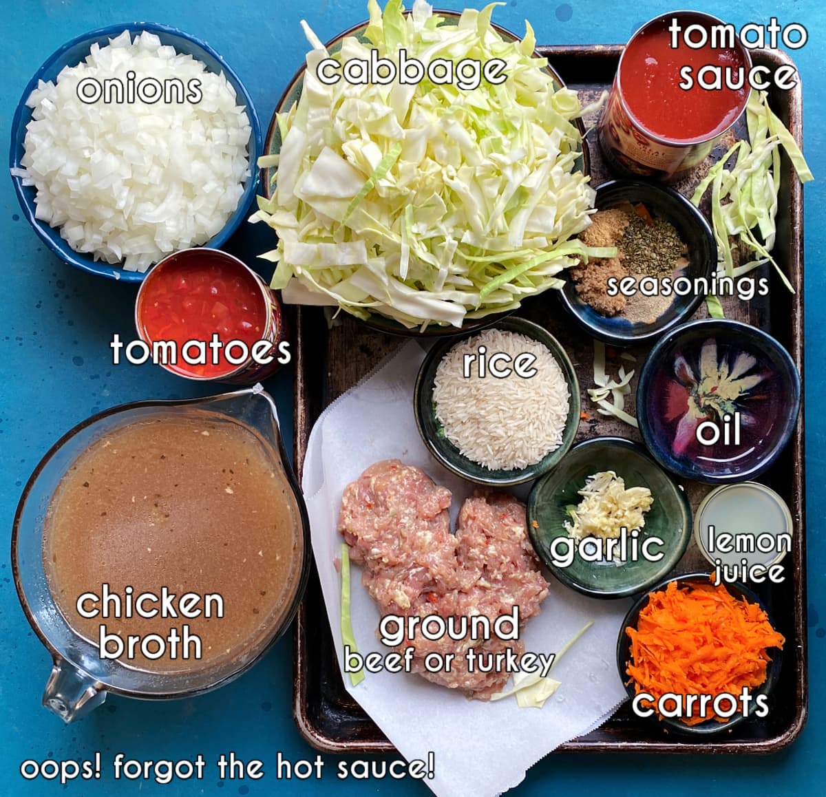 Soup ingredients, labeled: chicken broth, cabbage, carrots, rice, onions, meat, garlic, tomatoes, tomato sauce, lemon juice, hot sauce, and seasonings.