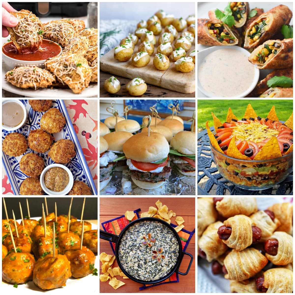 9-panel collage of various game day recipes. 