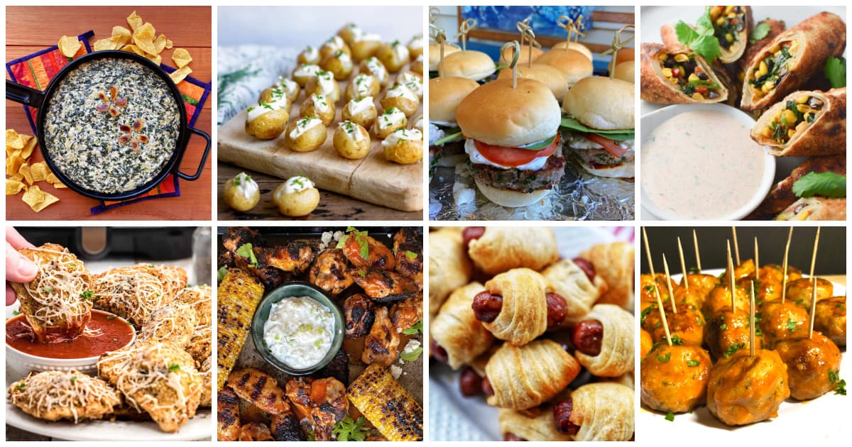 8-panel collage of various game day recipes.