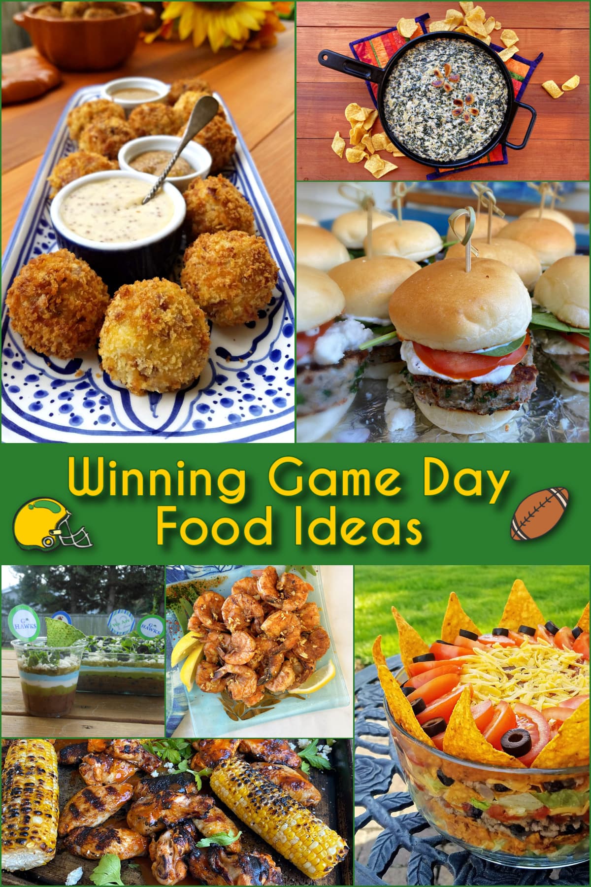 Collage of game day food ideas: sauerkraut fritters, Greek sliders, Spinach artichoke dip, 7-layer dip, taco salad, Kahuku shrimp, and Buffalo wings. Pin text reads: Winning Game Day Food Ideas