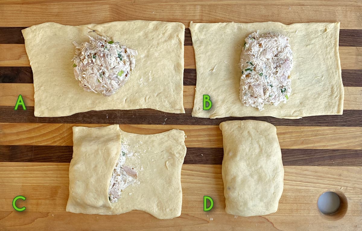 Four steps of how to form chicken roll.