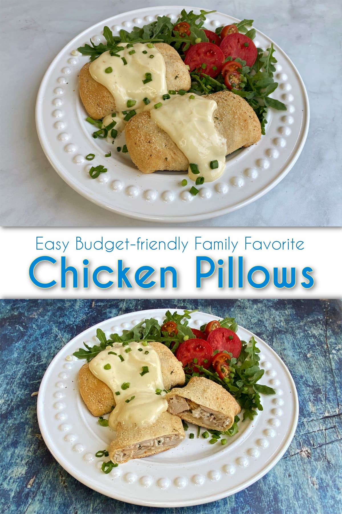 Two chicken pillows on a plate, uncut, with gravy on top. Arugula and tomato slices are on the side. Pin text reads: Easy Budget-friendly Family Favorite | Chicken Pillows