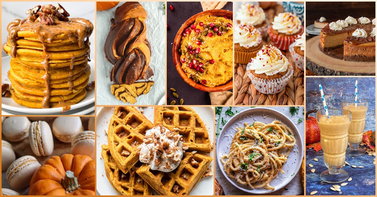 8-panel collage showing images from different pumpkin puree recipes listed in the roundup.