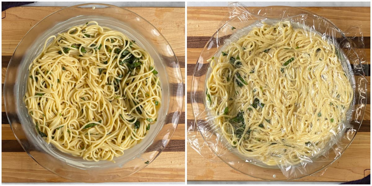 2-panel collage illustrating how to form the spaghetti crust using plastic wrap across the top. 