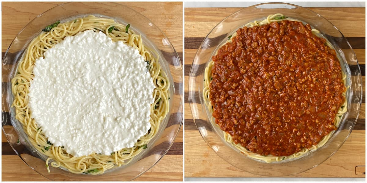 2-panel collage: (1) adding cottage cheese to spaghetti pie, (2) adding sauce on top. 