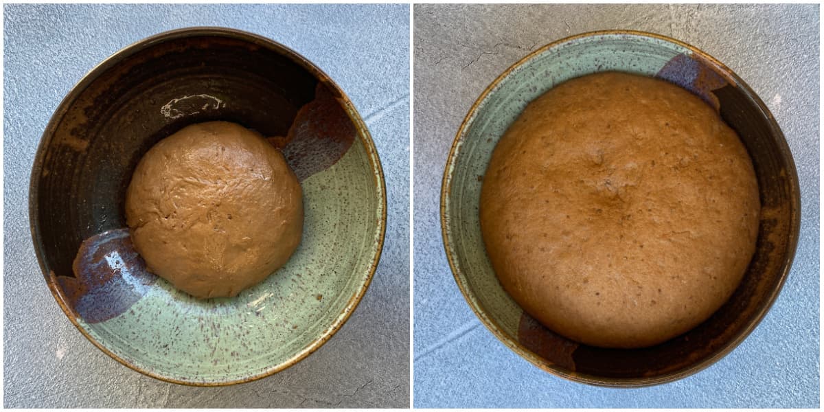 2-panel collage: 1st rise in clay bowl, beginning and end.