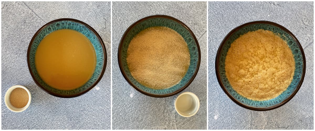 3-panel collage illustrating yeast added to liquid.