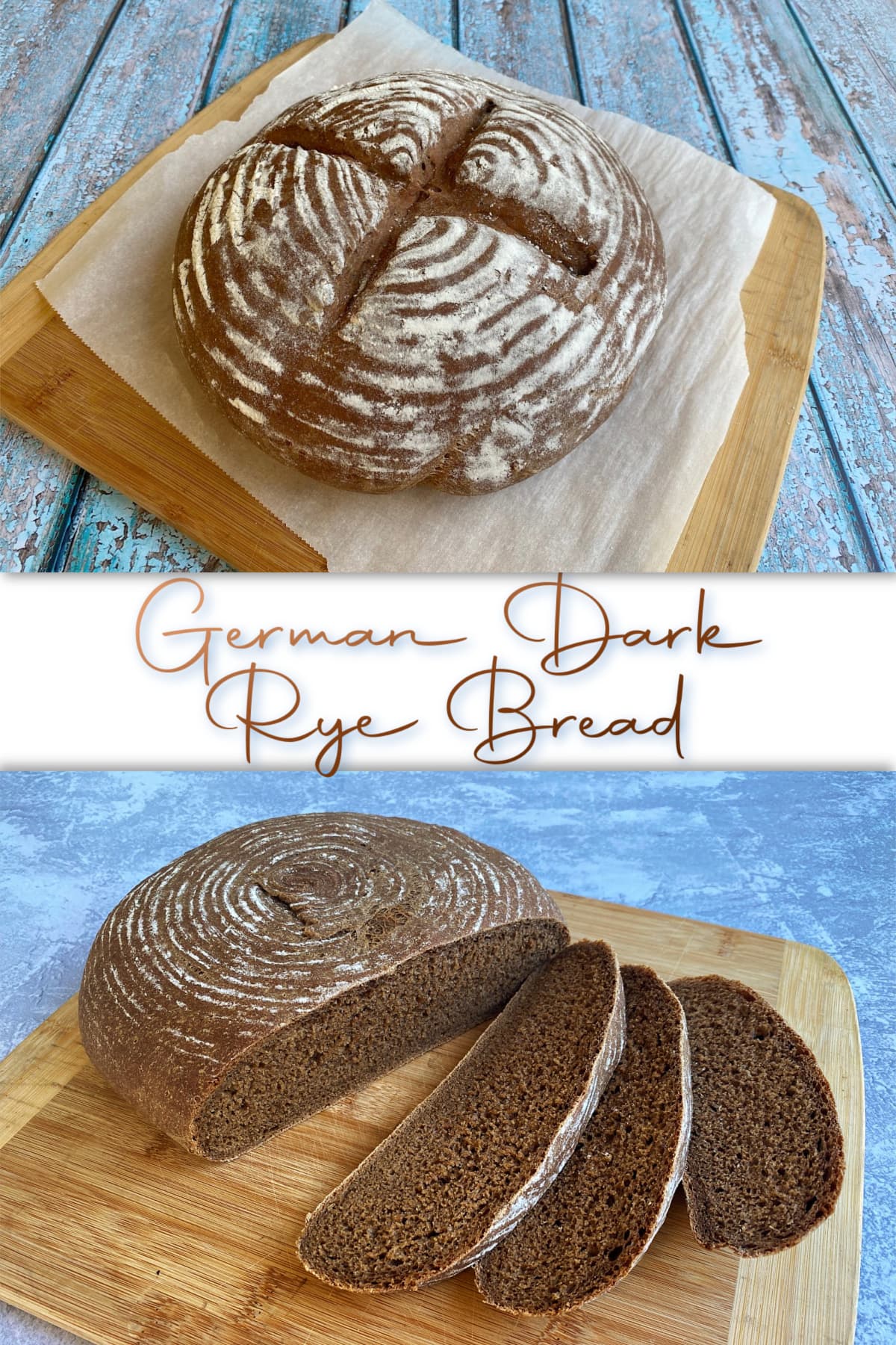 2-panel collage showing baked rye bread and sliced rye bread. Pin text reads "German Dark Rye Bread"