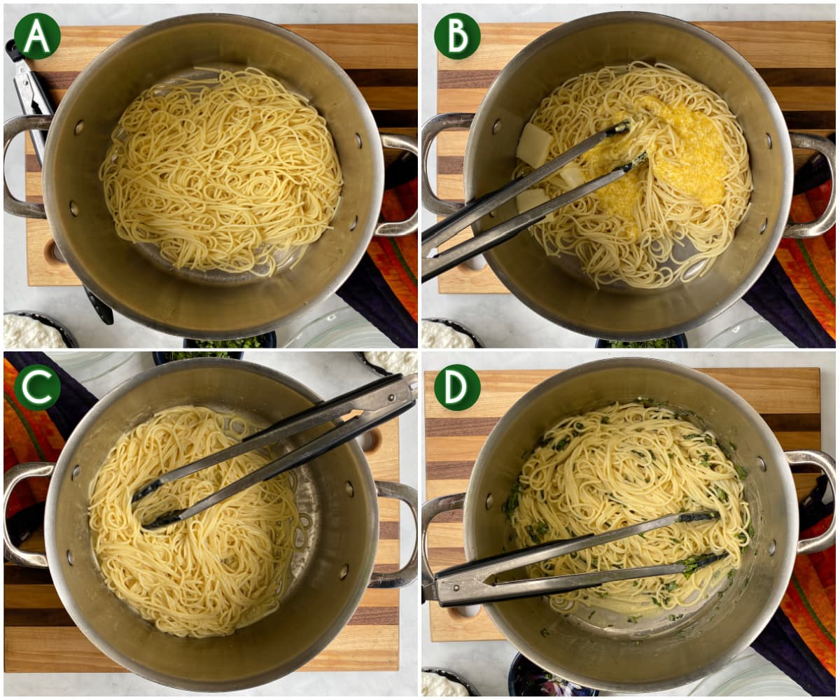 4-panel collage illustrating how to toss the butter and egg mix into the pasta. 
