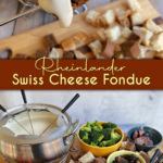 Cheese fondue dipped rye bread cube on the end of a metal skewer; more bread cubes in the background. Pin text reads: Rheinlander Swiss Cheese Fondue