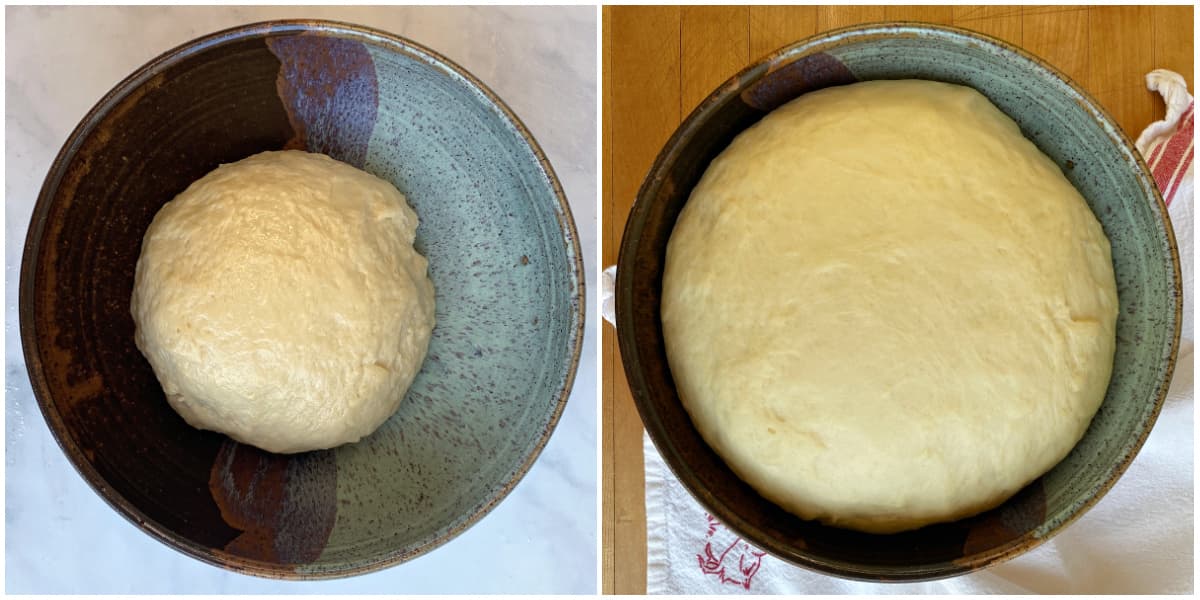 2-panell collage: dough before and after rising.