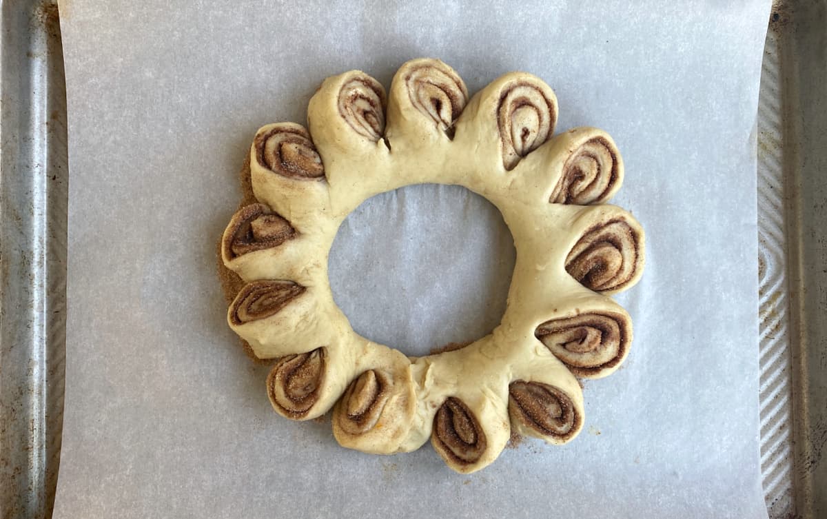 Cinnamon dough ring formed and ready to bake.