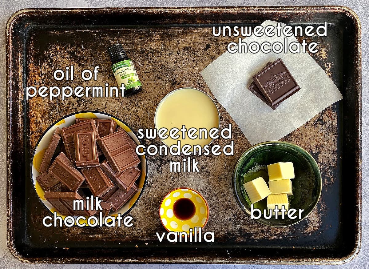 Bavarian mint ingredients, labeled: oil of peppermint, milk chocolate, vanilla, butter, sweetened condensed milk, unsweetened chocolate.