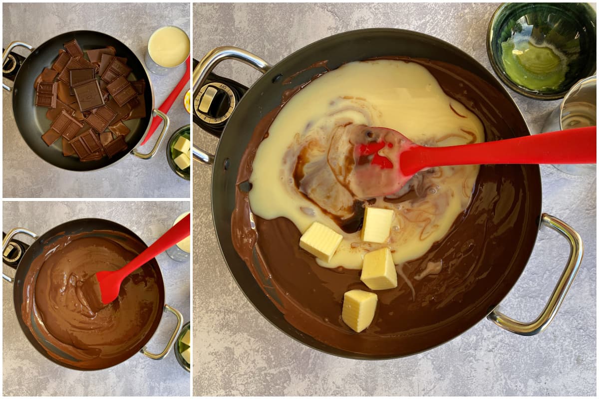 3-panel collage illustrating chocolate meltaway fudge ingredients being melted together.