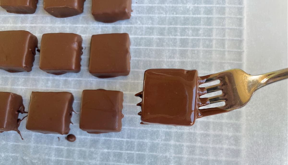 Dipped square of mint chocolate resting on the tines of a fork.