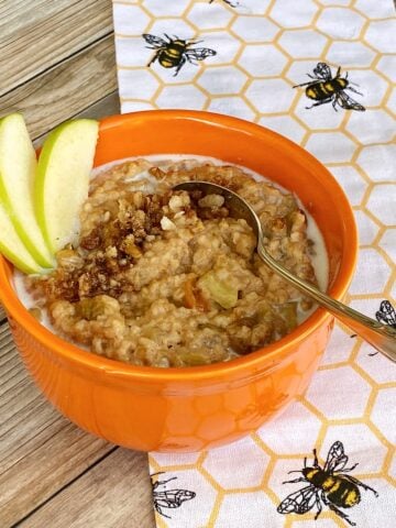 Cooked steel cut oats in a bowl, garnished with strudel topping and thin apple slices.
