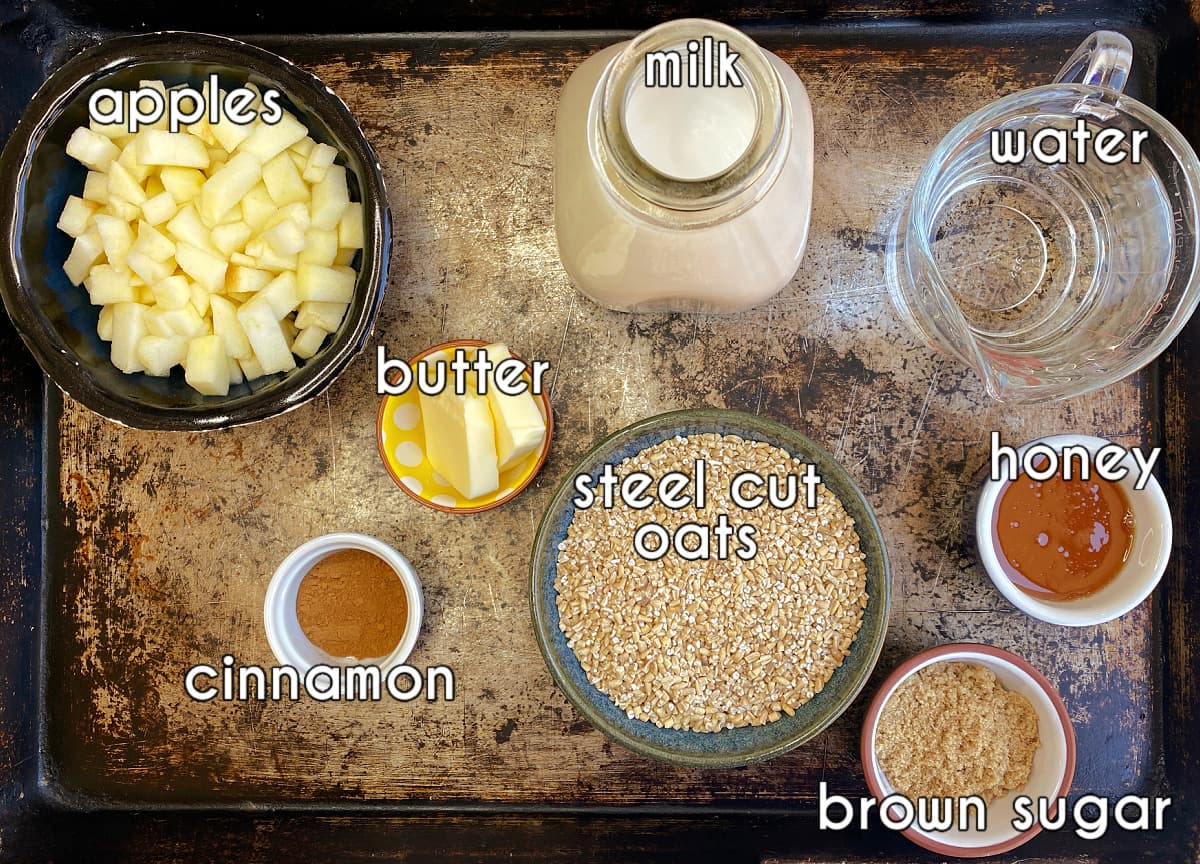 Photo of individual ingredients that go into this Rice Cooker Steel Cut Oats recipe, measured and prepped.
