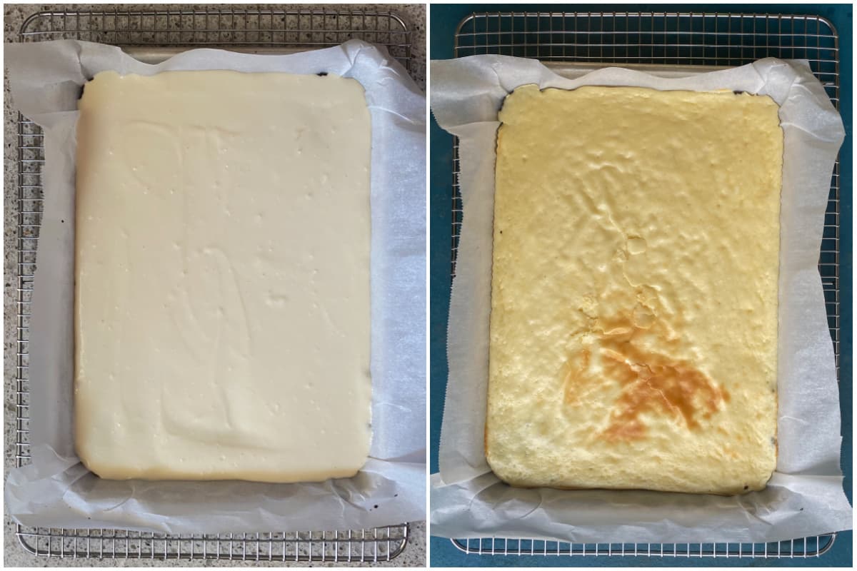 2-panel collage: Unbaked and baked cheesecake layer.