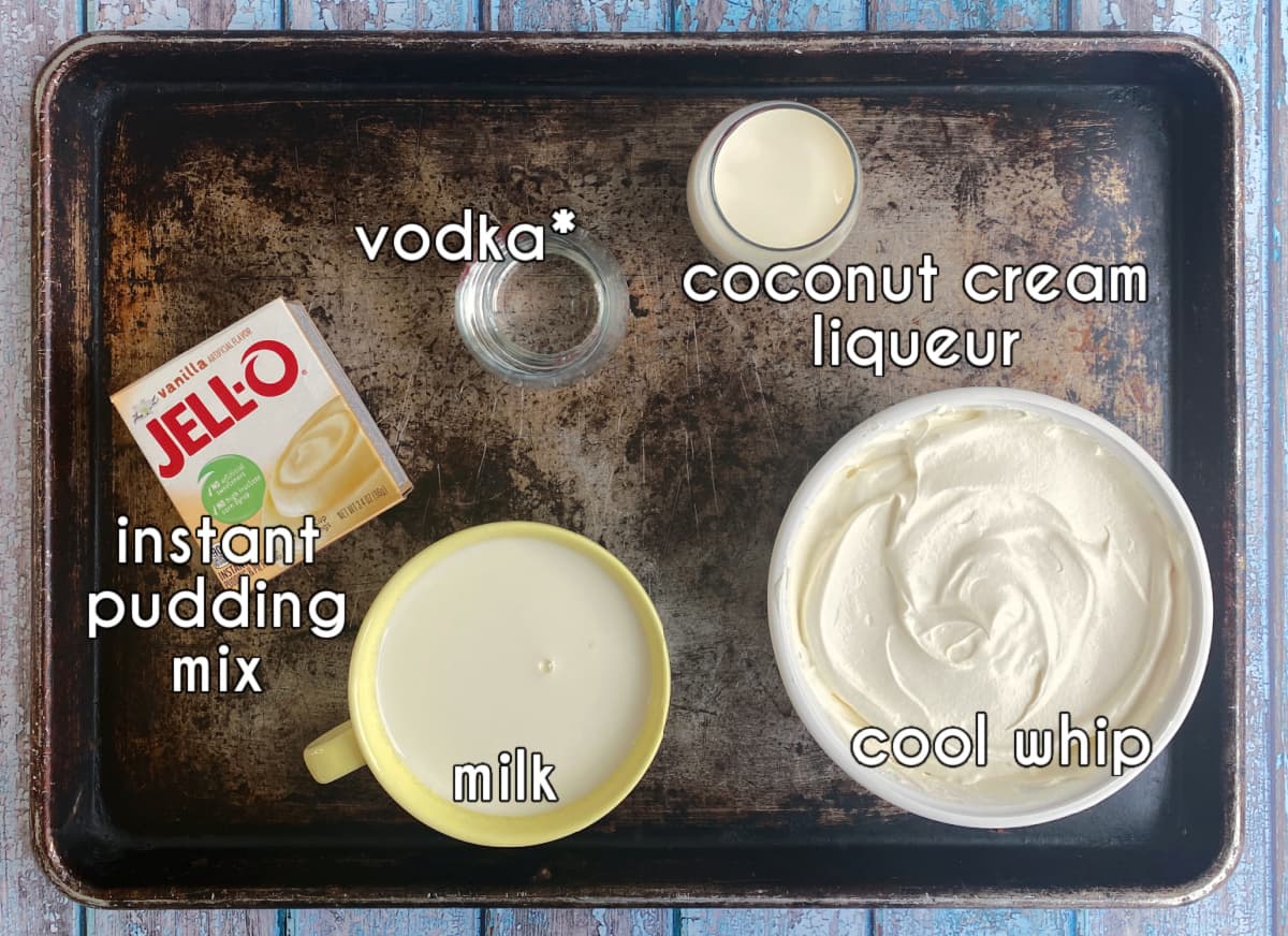 Photo of individual ingredients that go into this pudding shots recipe, measured and prepped.