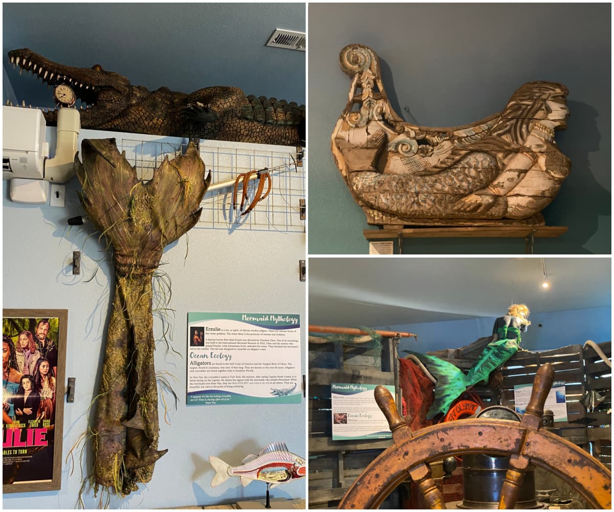 Collage: Mermaid tail, old ship mermaid figurehead, ship's wheel.  