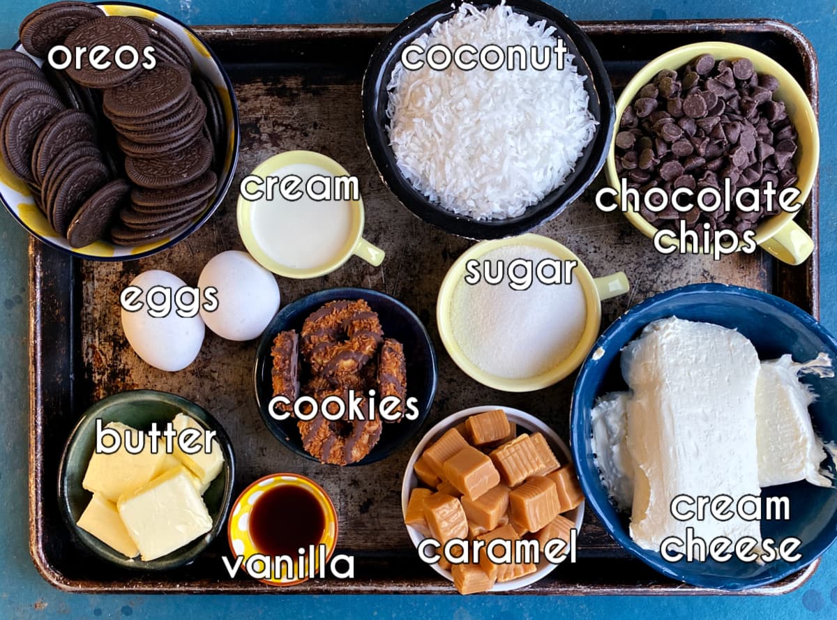 Photo of individual ingredients that go into this Samoa Cheesecake Bars recipe, measured and prepped.