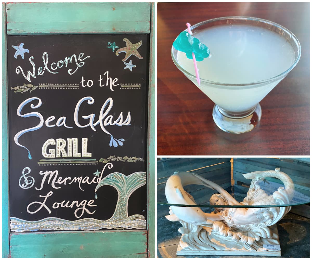 Collage: Sea Glass Grill Chalkboard greeting sign, Swamp panda drink, mermaid and dolphin carved glass-top coffee table