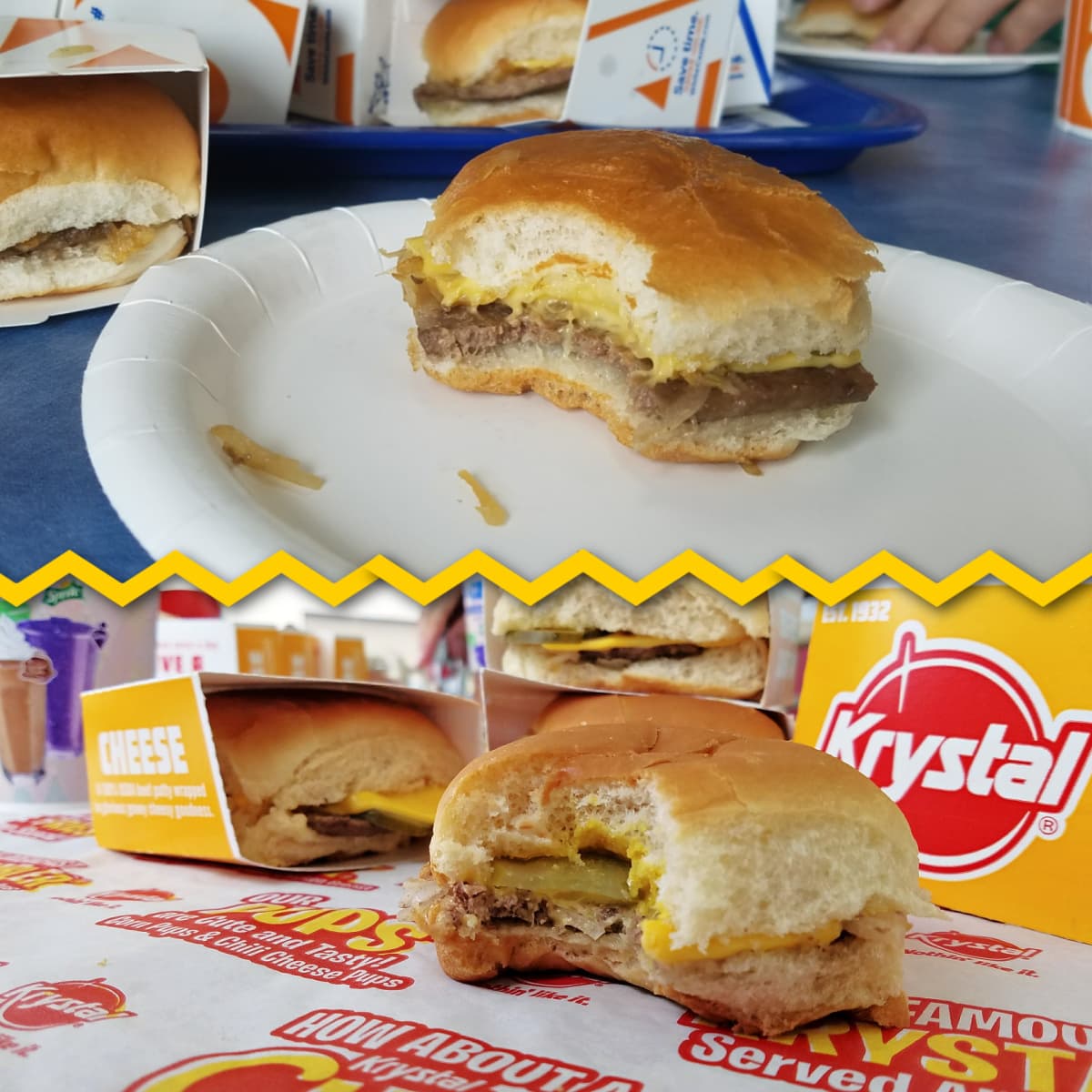 Split image: Top - White Castle slider on a paper plate, with one bit e taken. Bottom: Krystal slider with one bite taken. 