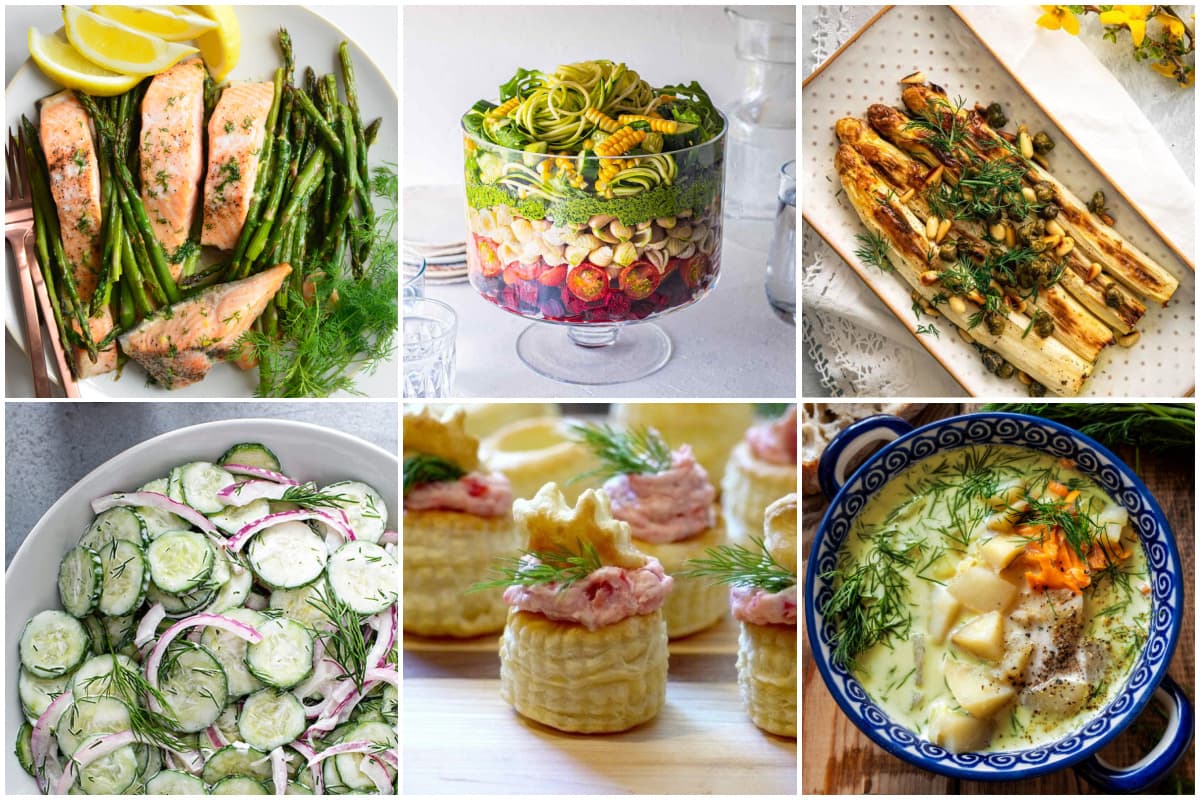 Collage: 6 different dill recipes included in post.