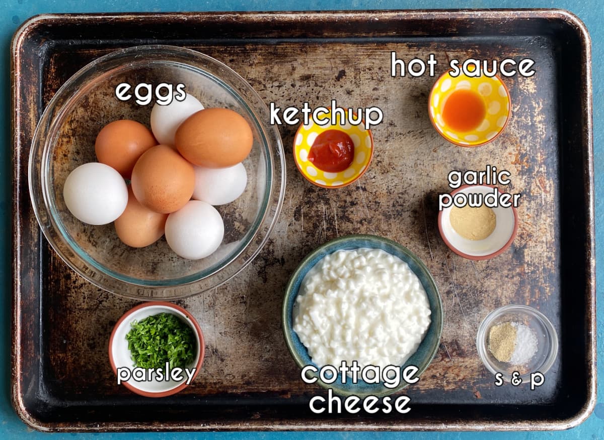 Photo of individual ingredients that go into this Easy Egg Bites recipe, measured and prepped.