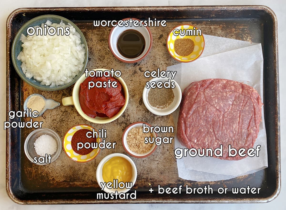 Photo of individual ingredients that go into this Coney sauce recipe, measured and prepped.
