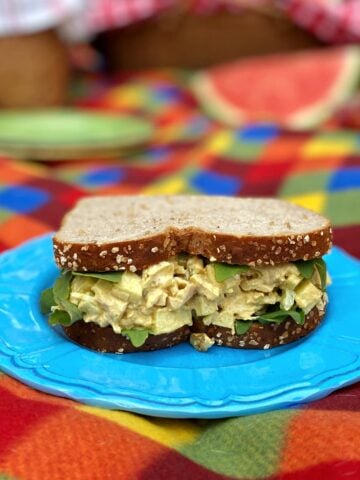 Curried chicken salad sandwich on a plate, on a picnic blanket.