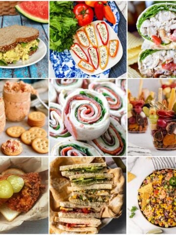 9-panel collage of different picnic finger foods.