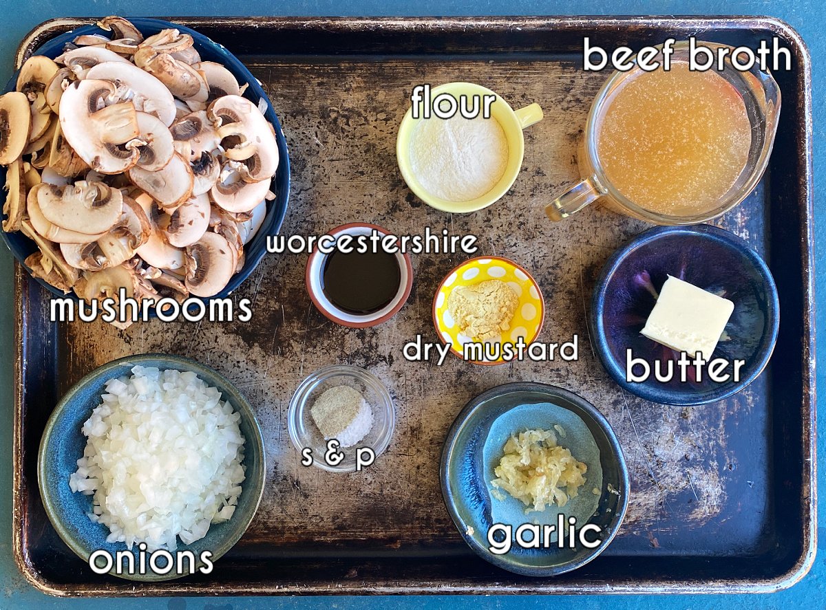 Photo of individual ingredients that go into this Salisbury steak recipe (gravy), measured and prepped.