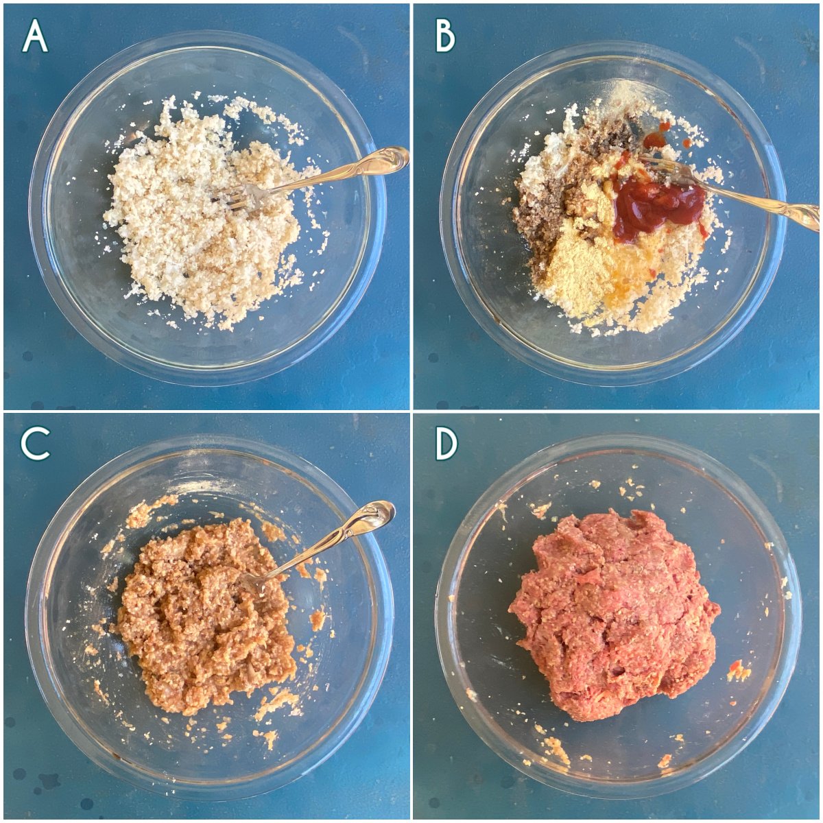 4-panel collage showing how to mix ground beef mixture.