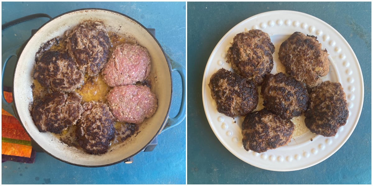 2-panel collage: Patties searing in pan; removed to plate.